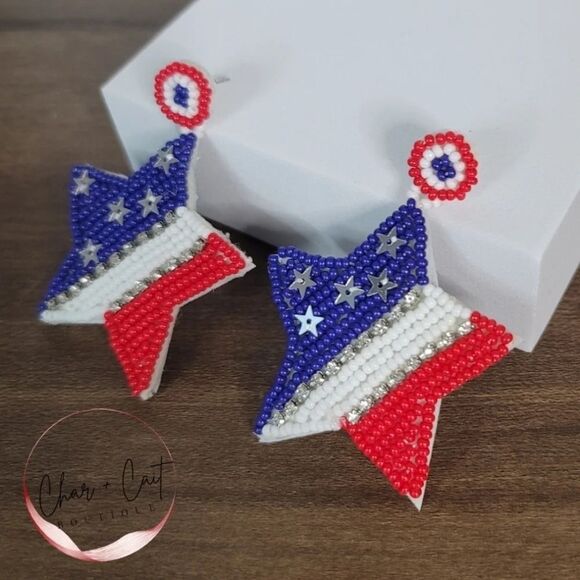 Jewelry - Beaded American Flag Star Dangle Earrings